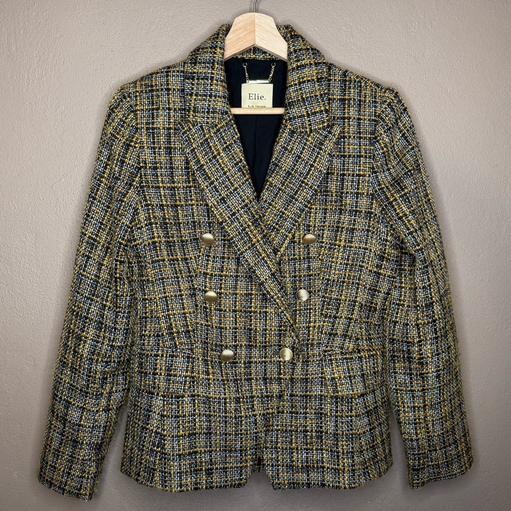 Elie Tahari Women's Plaid Double-Breasted Tweed Black & Gold Baddie Blazer Sz 6